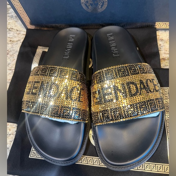 FENDACE Fendi x Versace Collab Gold Metal Mesh Black Pool Slides Rubber EU 40 main image 13